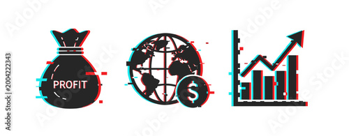 Glitch-style financial icons with profit bag, global economy, graph chart