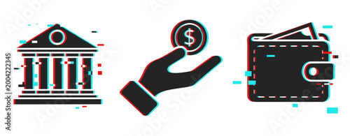 Digital finance icons: bank, hand with coin, wallet in glitch style