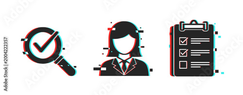 Glitch effect icons: magnifying glass, female professional, checklist