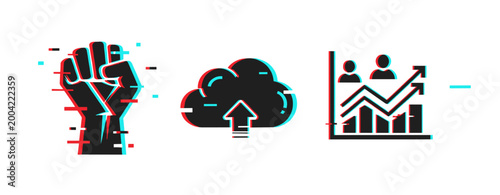 Glitch art: fist, cloud upload, and growth chart icons