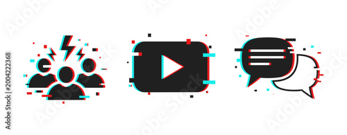 Glitch effect icons: communication, play button, group discussion symbols