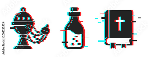 Glitch art of religious censer, potion bottle, and holy book with cross