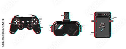 Glitch art style icons of game controller, vr headset, and power bank