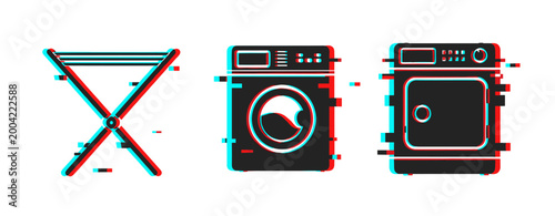 Glitch effect on minimalist laundry icons: drying rack, washing machine, dryer