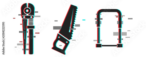 Glitch art tools: adjustable wrench, hand saw, u-lock display with digital distortion