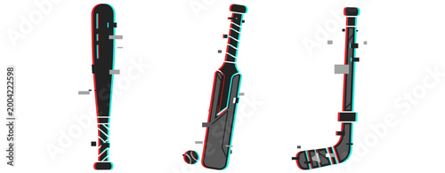 Glitch art of classic sports equipment: baseball, cricket, hockey