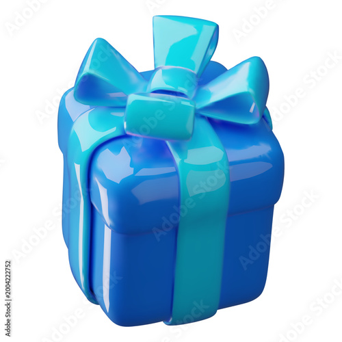 3D blue gift box with light ribbon bow vector icon. Render festive surprise closed box isolated. Realistic volume holiday decoration, event present. Glossy decorative wrap package. Prize, bonus