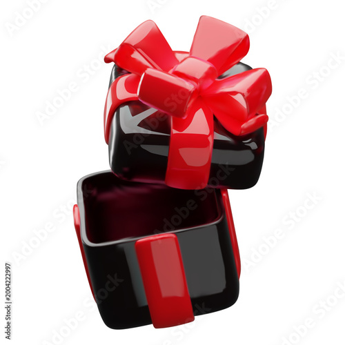 3D empty black plastic gift box with a red bow on the open lid, top view. Promotional offer, Black Friday, discount night, sale. Valentine's Day, Christmas, birthday. Vector . Render.
