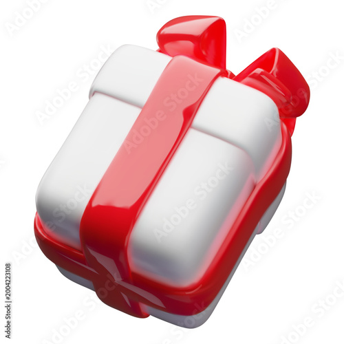 3D realistic white gift box with red ribbon bow vector icon. Festive surprise close box package floating. Volume holiday decoration. Glossy birthday or anniversary present. Romantic wrapping isolated