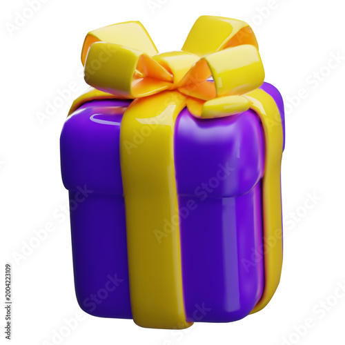 A bright purple 3D gift box with a closed square lid and a yellow ribbon and bow. A surprise gift for birthdays, Christmas, weddings, and promotions. Plastic glossy effect. Vector illustration.