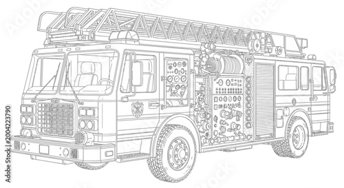 Detailed line drawing of a fire truck with an extended ladder and numerous equipment details visible on its side.