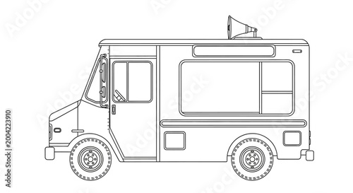 A black and white line drawing of a classic food truck with a serving window and a megaphone on top.