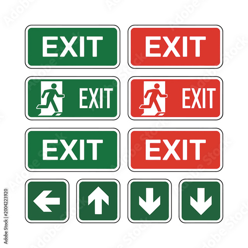 Collection of emergency exit signs in green and red colors