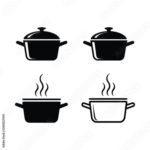 Black cookware icons depicting pots and steaming vessels on white