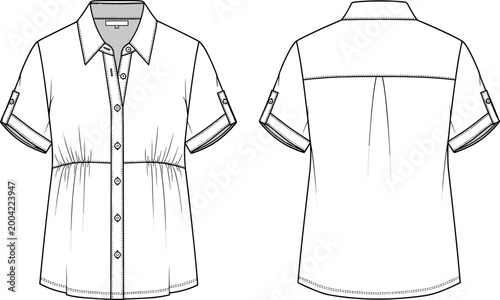 Technical Fashion Flat Sketch of Women Short Sleeve Button Down Shirt with Gathered Waist Front and Back View Vector Illustration.