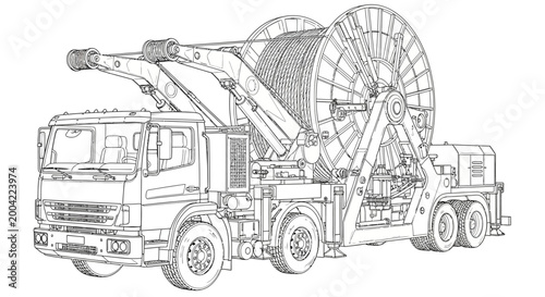 Detailed line drawing of a heavy-duty truck equipped with a large cable reel and boom for industrial cable deployment and management.