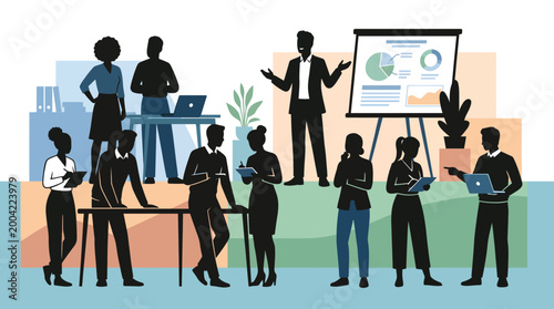 A group of business professionals gathered around a presentation on an easel in a modern office setting with laptops and a city skyline