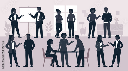 A group of business professionals in various poses interacting and communicating in a modern office setting with a whiteboard and plants