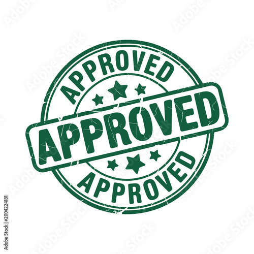 Green approved stamp with stars and distressed texture isolated on white