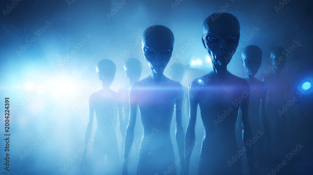 Fototapeta premium Group of grey aliens standing together, appearing in a foggy sci fi environment illuminated by glowing blue light
