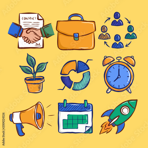 Business and Startup Success Elements Illustration Set: Handshake Contract, Rocket Launch, Time Management, and Financial Growth Icons