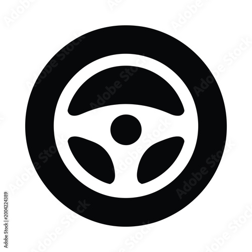 Simple black and white icon of a steering wheel within a circular frame