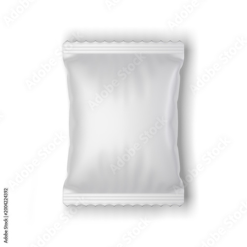 3D render of a blank white plastic bag and food container packaging template for retail snack or coffee product