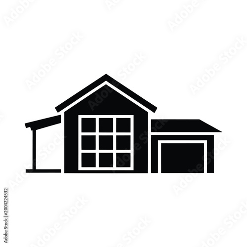 Simple black silhouette of a house with a garage and rectangular windows