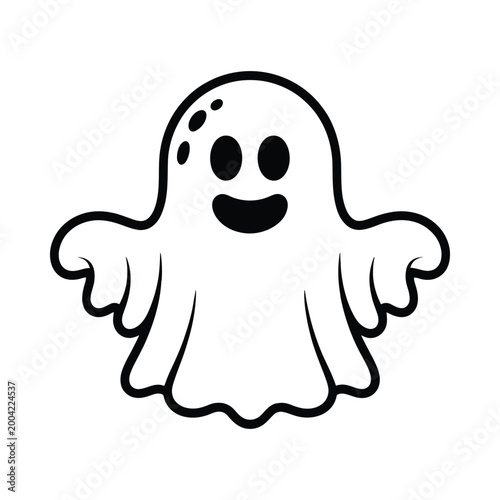 Simple black and white illustration of a friendly cartoon ghost character