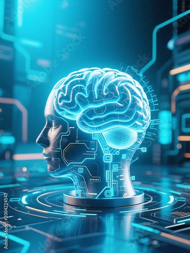 see through glowing brain in digital pattern, emits bright light and energy in a digital space. Lines and dots surround it, showing connections and ideas. 