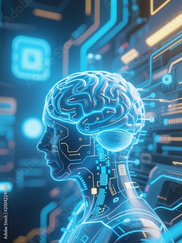 see through glowing brain in digital pattern, emits bright light and energy in a digital space. Lines and dots surround it, showing connections and ideas. 