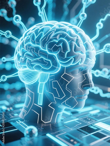 see through glowing brain in digital pattern, emits bright light and energy in a digital space. Lines and dots surround it, showing connections and ideas. 