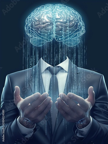 see through glowing brain in digital pattern, emits bright light and energy in a digital space. Lines and dots surround it, showing connections and ideas. 