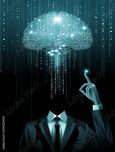 see through glowing brain in digital pattern, emits bright light and energy in a digital space. Lines and dots surround it, showing connections and ideas. 