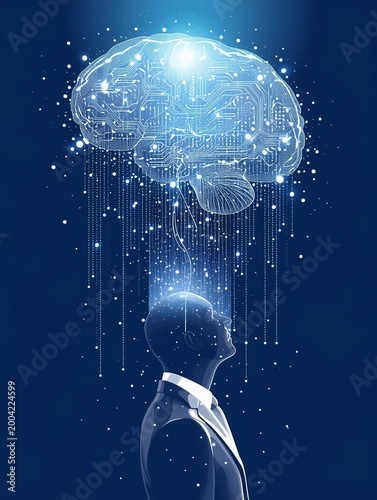 see through glowing brain in digital pattern, emits bright light and energy in a digital space. Lines and dots surround it, showing connections and ideas. 