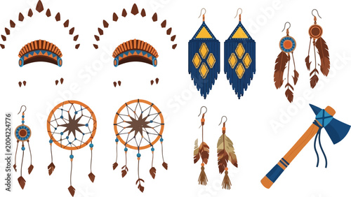 Foto Native American accessories set dreamcatchers feather earrings headdress and tom