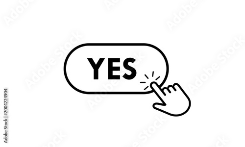Professional minimalist "Yes" button design featuring a hand cursor click interaction, perfect for user interface, confirmation icons, and web navigation elements.