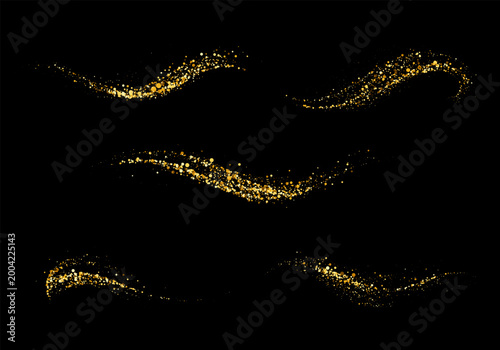 Set of five abstract golden particle wave elements on black background