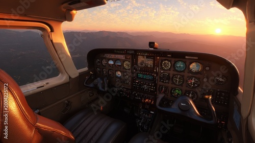 Inside a personal aircraft cockpit during a breathtaking sunset flight over mountainous terrain