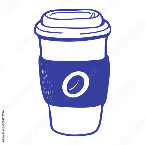 outline illustration of a disposable coffee cup with lid and sleeve on a white background, ideal for cafe, beverage, breakfast, and lifestyle design themes