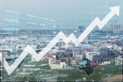 A double exposure image featuring a white upward-trending arrow and complex financial data indicators, including market value and unrealized profit/loss numbers, superimposed over a wide-angle city.