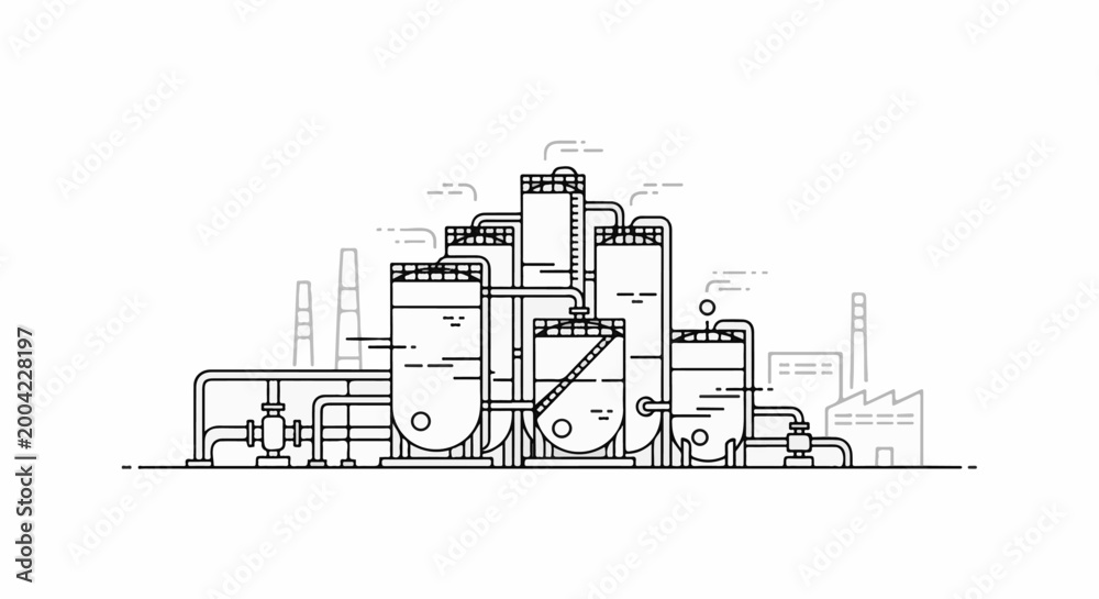 Naklejka premium Minimalist factory with tanks, pipes, and smokestacks
