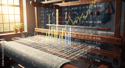 Traditional Wooden Weaving Loom Integrated with Digital Financial Data Charts and Stock Market Analytics