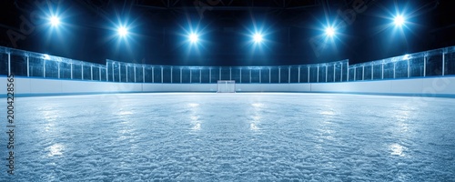 An empty, well-lit outdoor ice hockey rink at night with bright floodlights and a smooth icy surface.