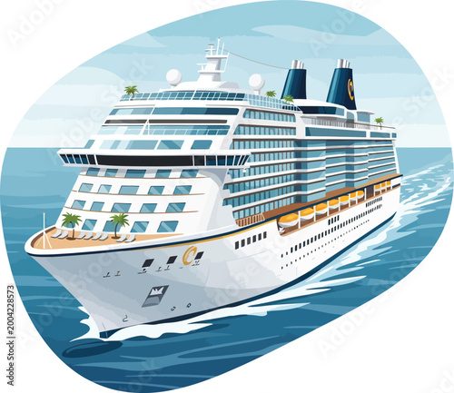 Large white luxury cruise ship sailing across the ocean.