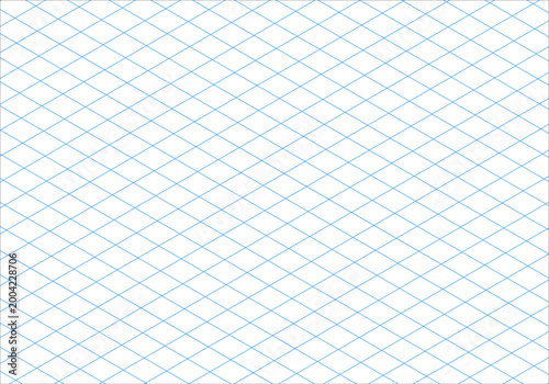 Isometric grid blue line guide pattern. 3d perspective paper backdrop. Notebook sheet blank. Squared grid paper. Mathematics cube pattern. Typography template for making notebook production for school