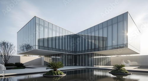 Captivating Contemporary Architecture Featuring a Sleek Glass Facade and Serene Reflecting Water Feature, Epitomizing Modern Design Elegance