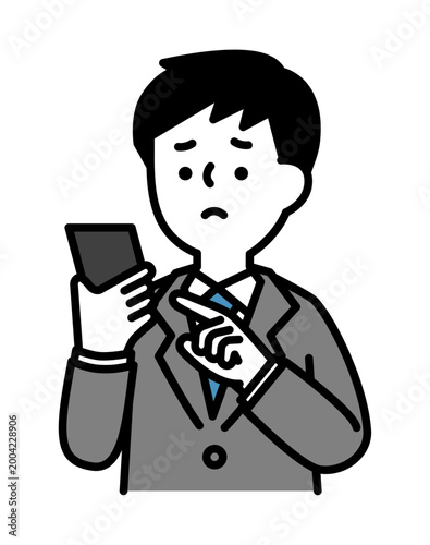 困り顔のスマホを操作する男性のイラスト
