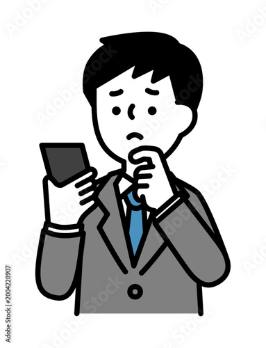 スマホを見ながら悩んでいる男性のイラスト