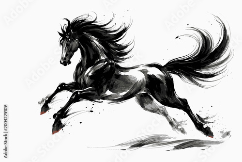 Traditional Chinese Brush Painting of a Galloping Horse for Lunar New Year Zodiac. Dynamic Ink Wash Illustration of a Running Stallion with Splatter Effects on White Background Vector Art.